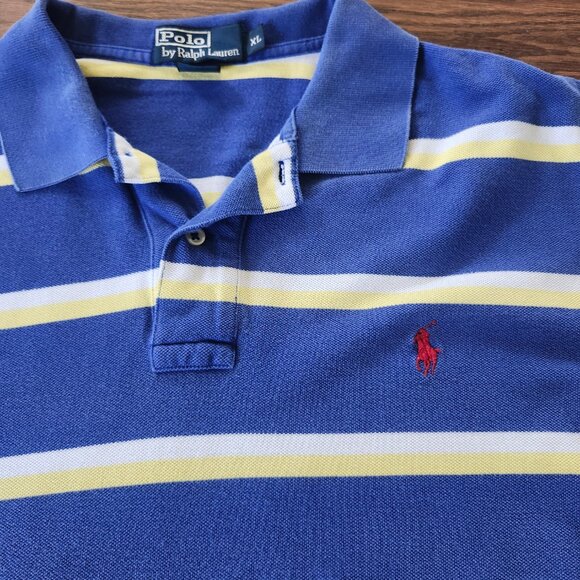 Ralph Lauren Golf Shirt Men Sz XL Yellow blue Striped Stretch Cotton Pony Logo - Picture 6 of 10